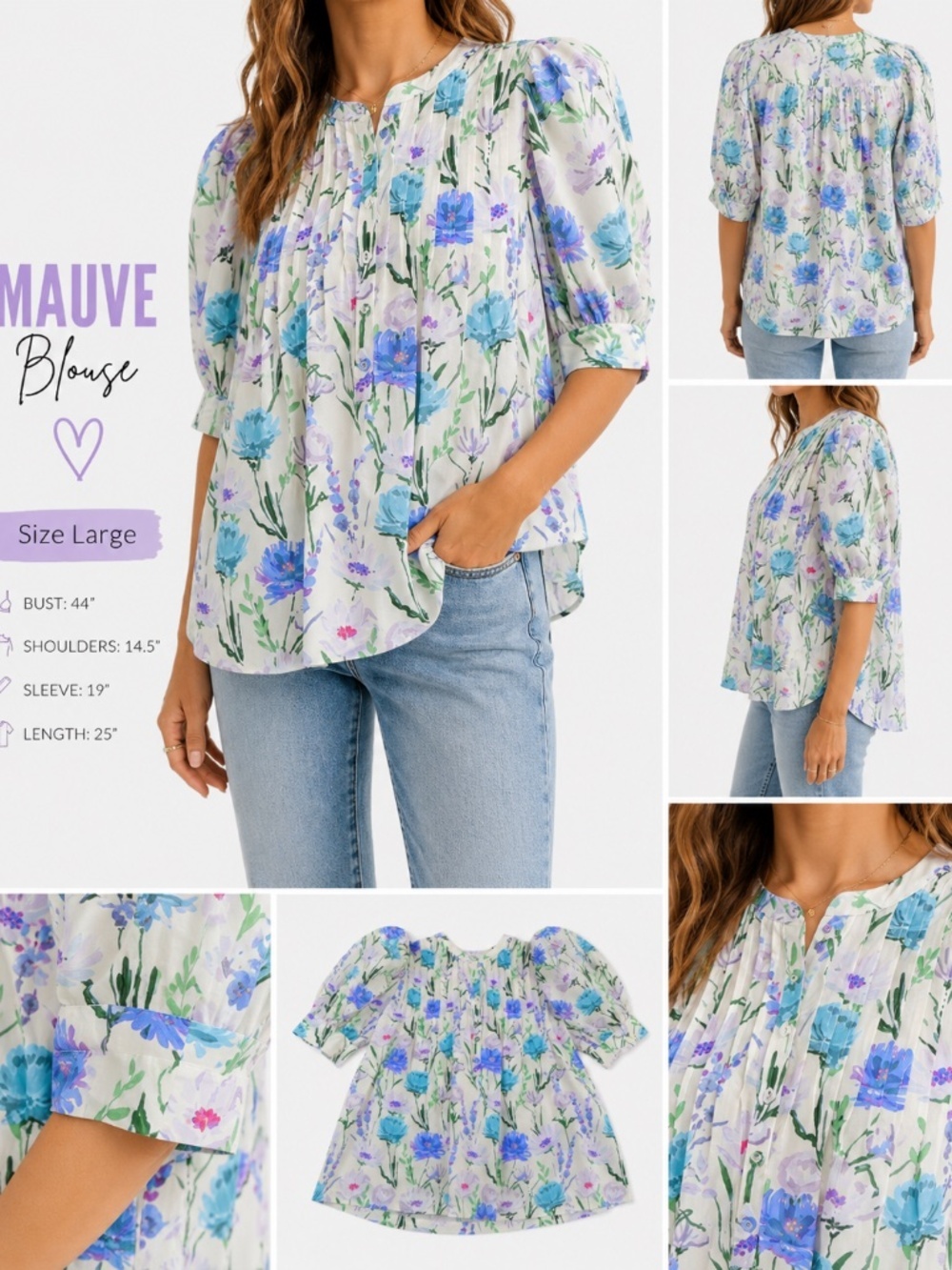 Entro Floral Puff Sleeve Babydoll Blouse Large Cottagecore Prairie Top - Picture 2 of 9